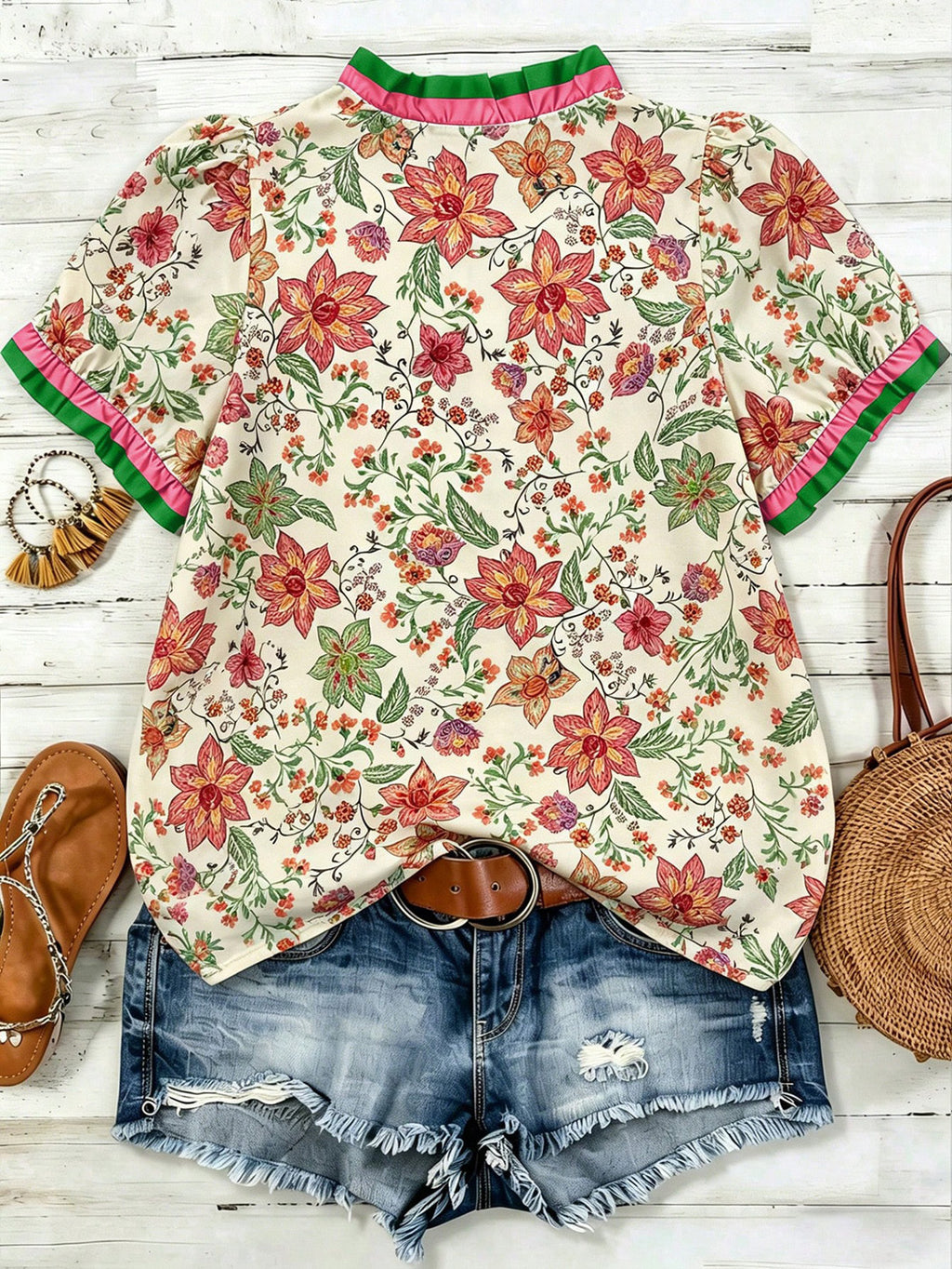 Ditsy Floral Print Blouse With Ruffled V Neckline - Orange - 5