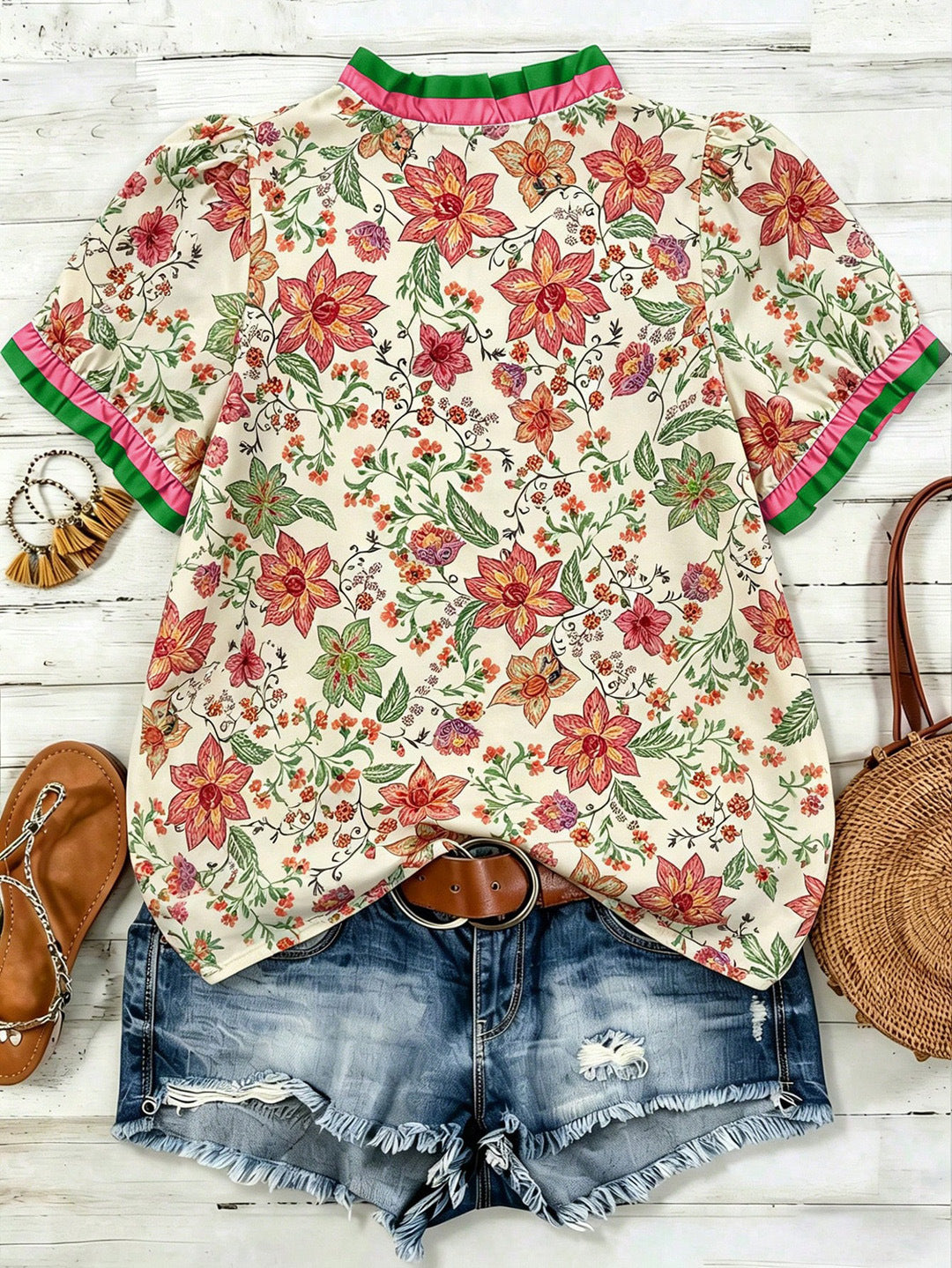 Ditsy Floral Print Blouse With Ruffled V Neckline - Orange - 5