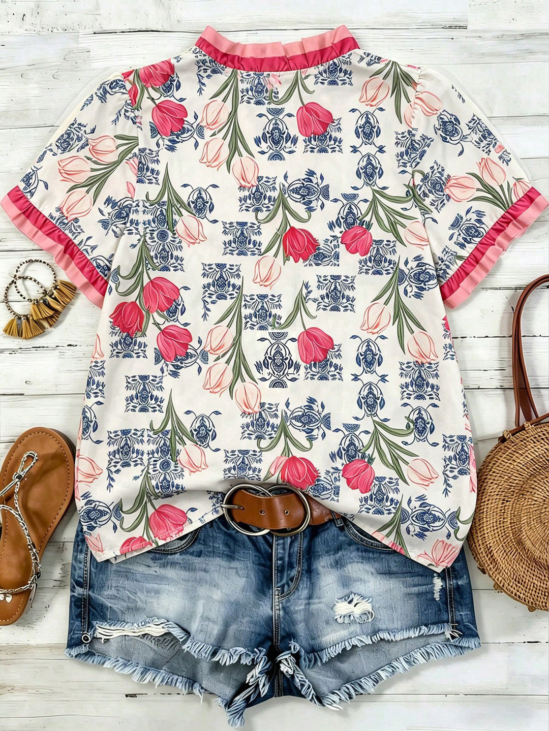Ditsy Floral Print Blouse With Ruffled V Neckline - Pink - 1