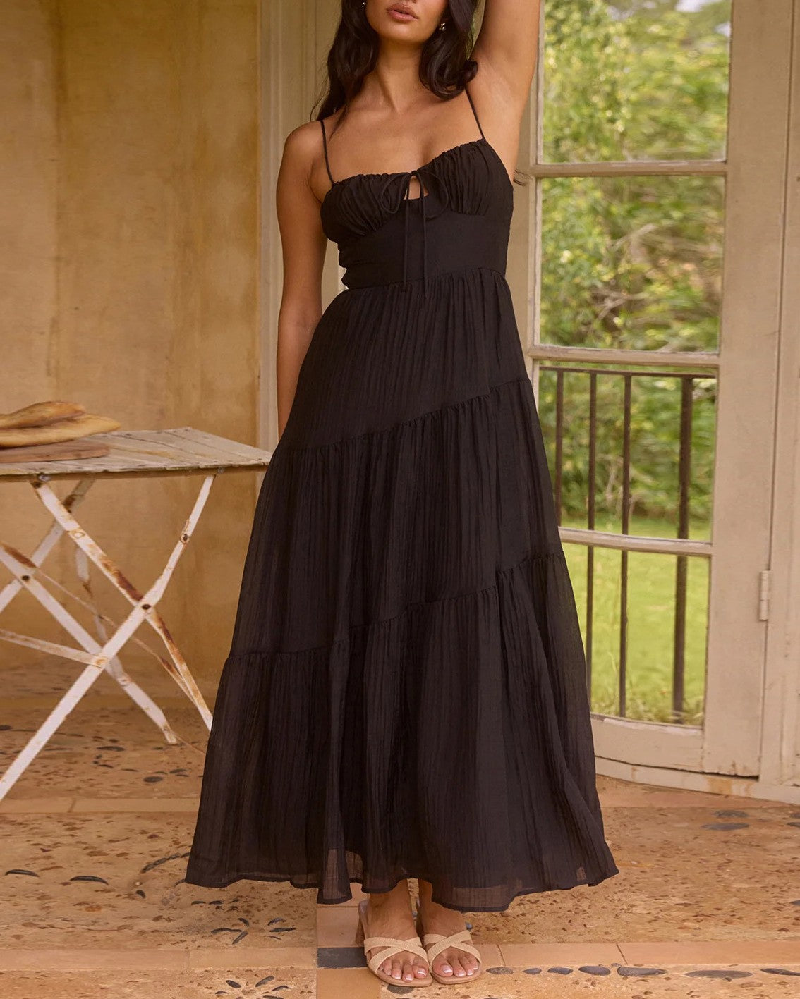 Tiered Chiffon Maxi Dress With Ruched Bust - Black