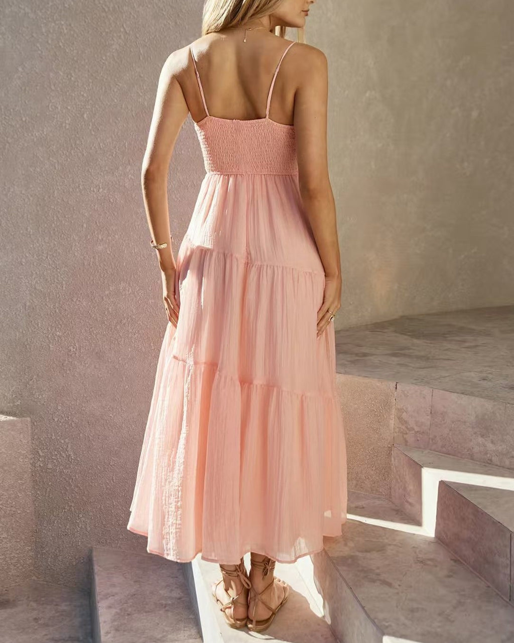 Tiered Chiffon Maxi Dress With Ruched Bust - Pink - 1