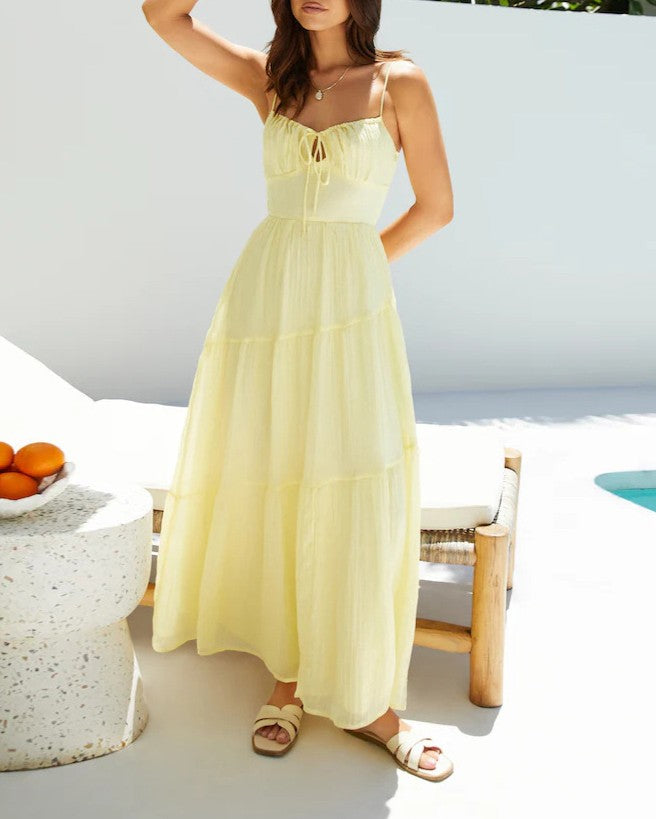 Tiered Chiffon Maxi Dress With Ruched Bust - Yellow