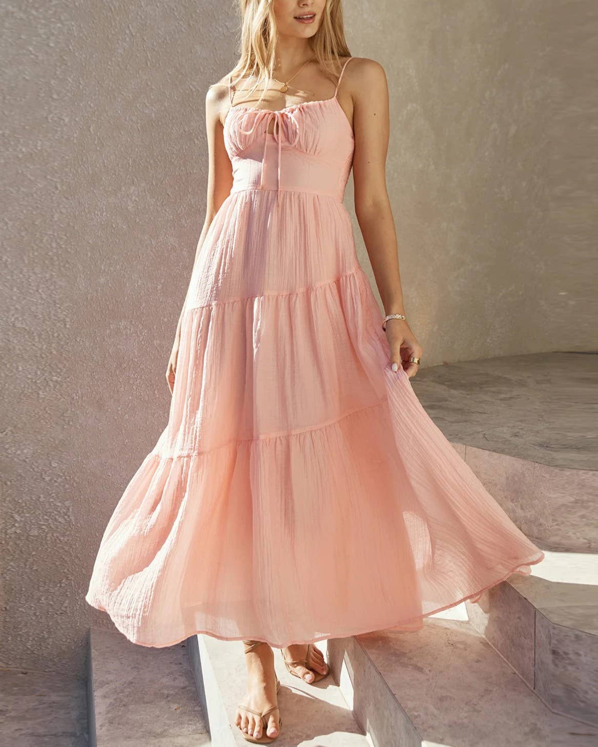 Tiered Chiffon Maxi Dress With Ruched Bust