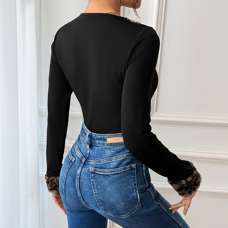 Leopard Faux Fur Trim Plunge Bodysuit - Black - 1