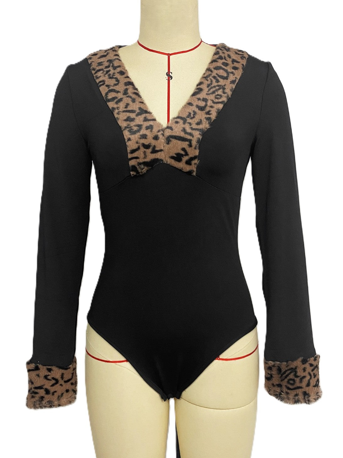 Leopard Faux Fur Trim Plunge Bodysuit - Black - 2