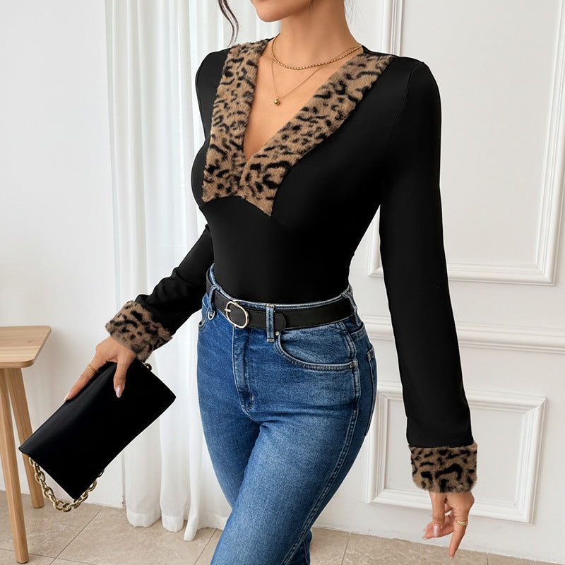Leopard Faux Fur Trim Plunge Bodysuit - Black - 5