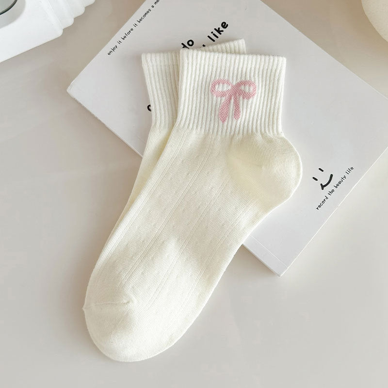 Ribbed Bow and Flower Print Crew Socks - Color_1