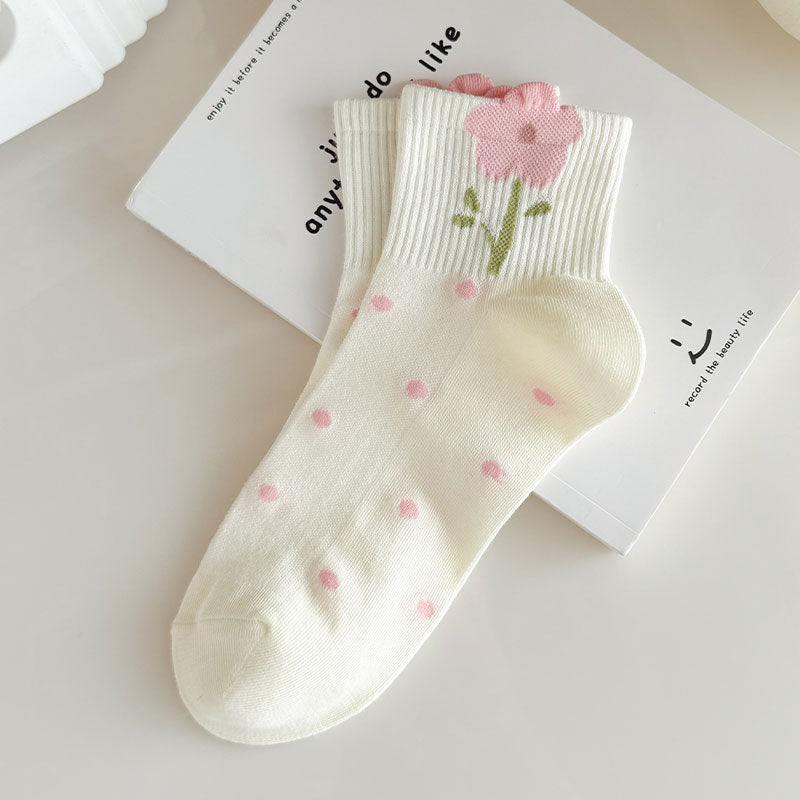 Ribbed Bow and Flower Print Crew Socks - Color_2