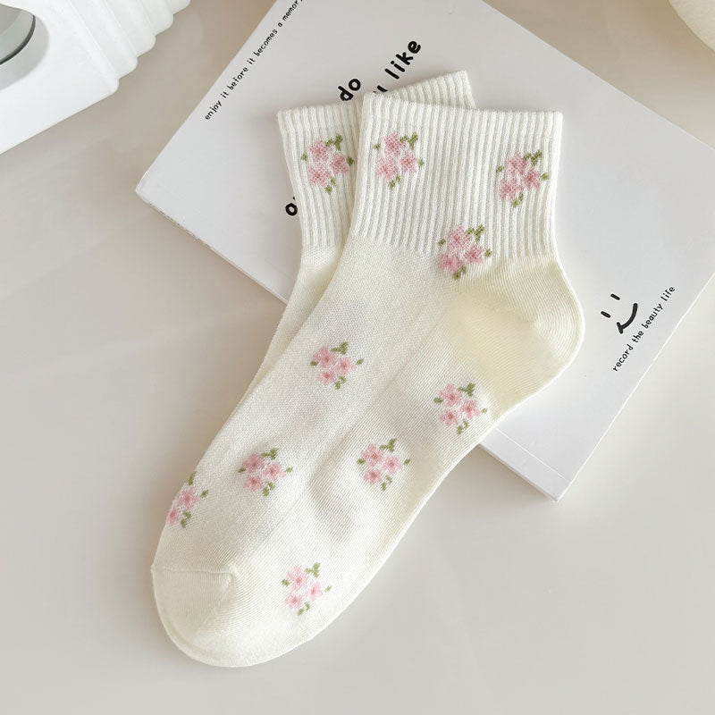 Ribbed Bow and Flower Print Crew Socks - Color_3