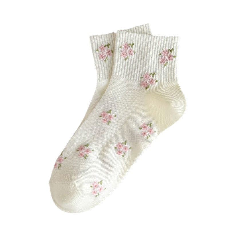 Ribbed Bow and Flower Print Crew Socks - Color_3 - 1