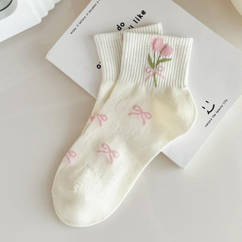 Ribbed Bow and Flower Print Crew Socks - Color_4