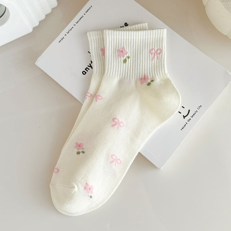 Ribbed Bow and Flower Print Crew Socks - Color_5