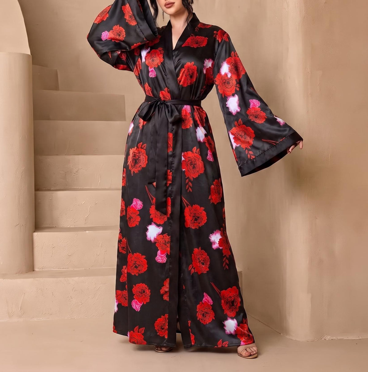 Floral Satin Wide Sleeve Maxi Kimono Robe - Black