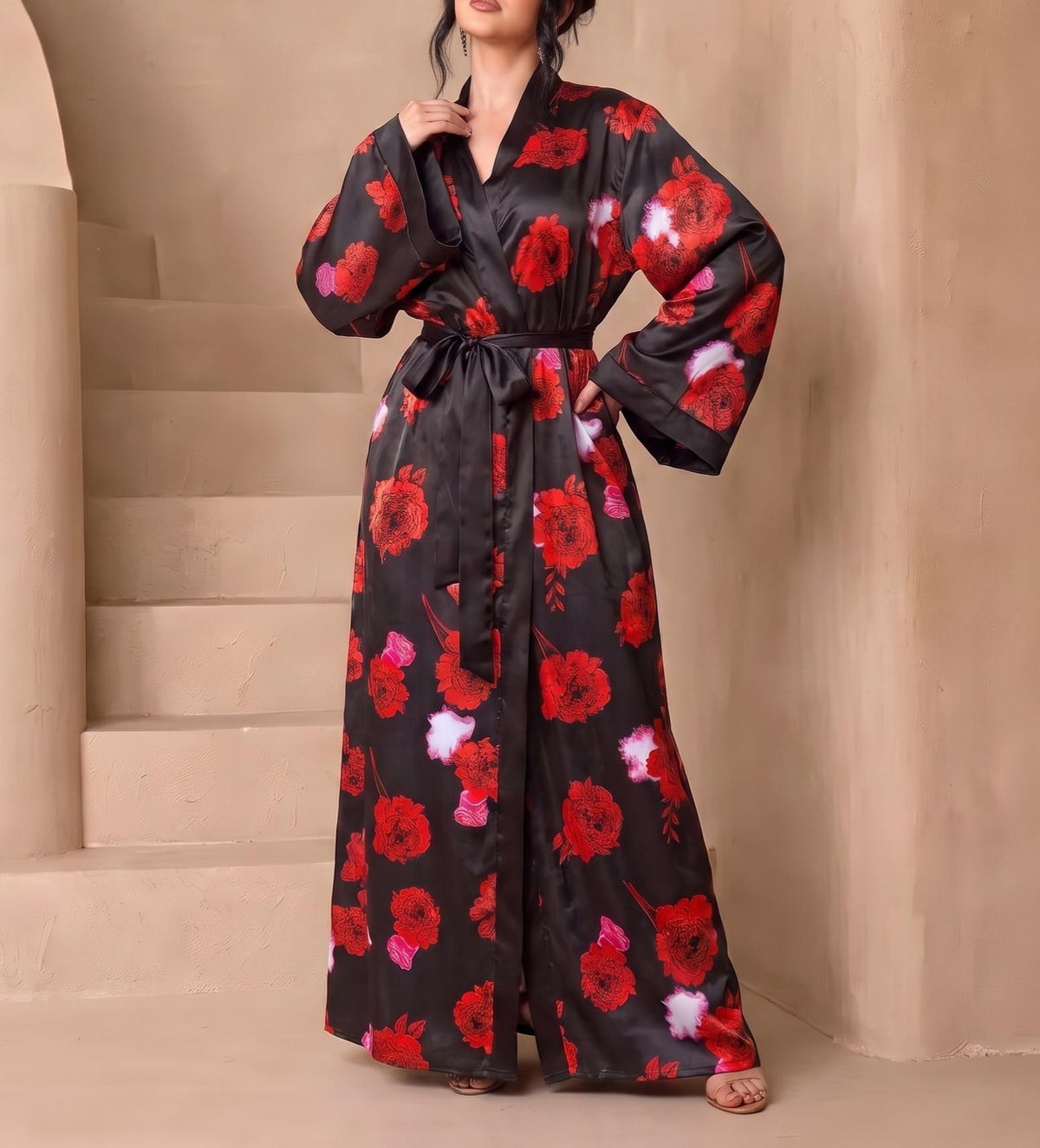 Floral Satin Wide Sleeve Maxi Kimono Robe - Black - 1