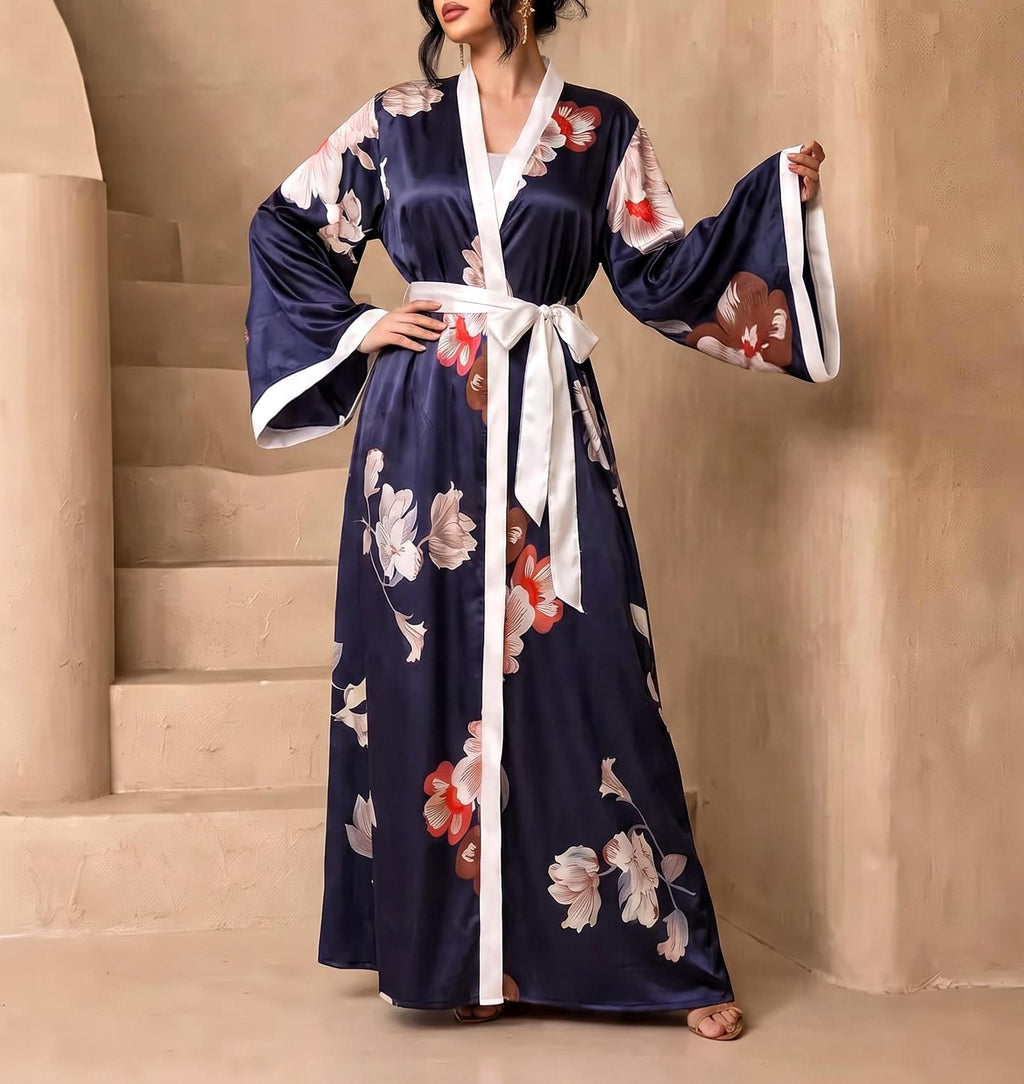 Floral Satin Wide Sleeve Maxi Kimono Robe - Blue