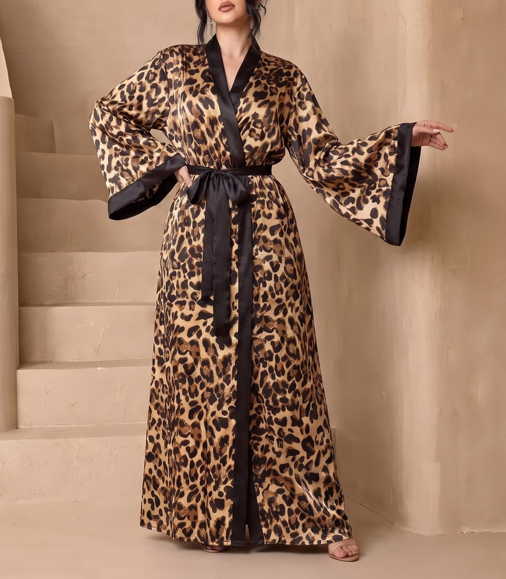 Floral Satin Wide Sleeve Maxi Kimono Robe - Leopard - 1