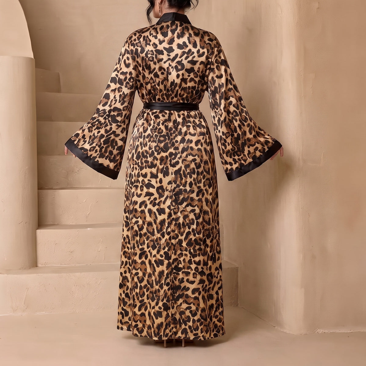 Floral Satin Wide Sleeve Maxi Kimono Robe - Leopard - 2