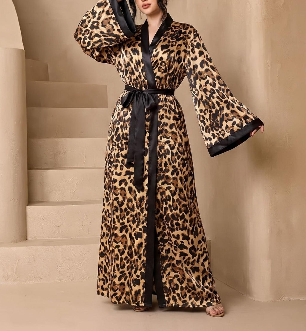Floral Satin Wide Sleeve Maxi Kimono Robe - Leopard - 3