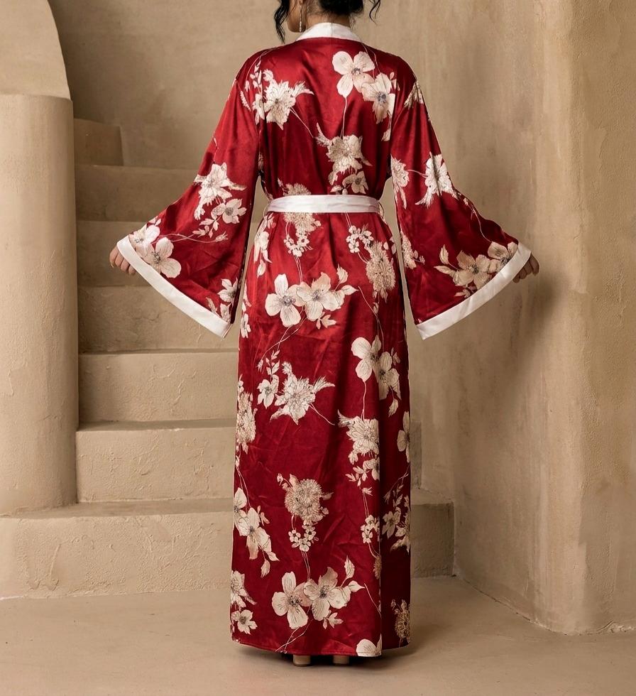 Floral Satin Wide Sleeve Maxi Kimono Robe - Red - 1