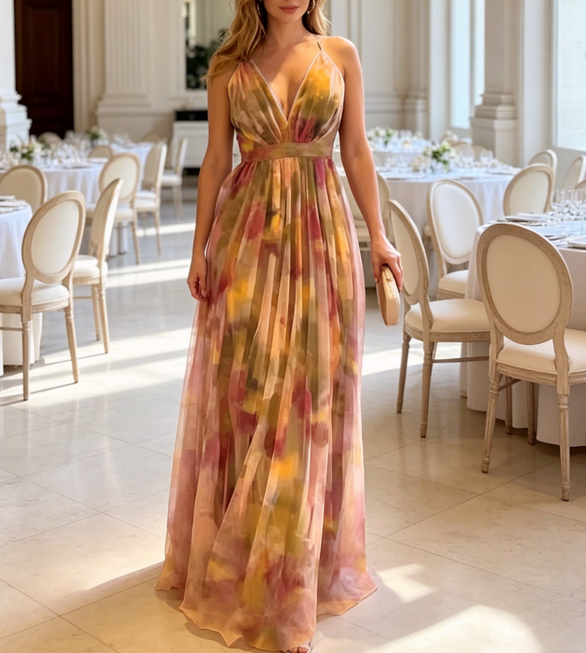 Romantic Watercolor Floral Cross-Strap Open Back Gown - Caramel