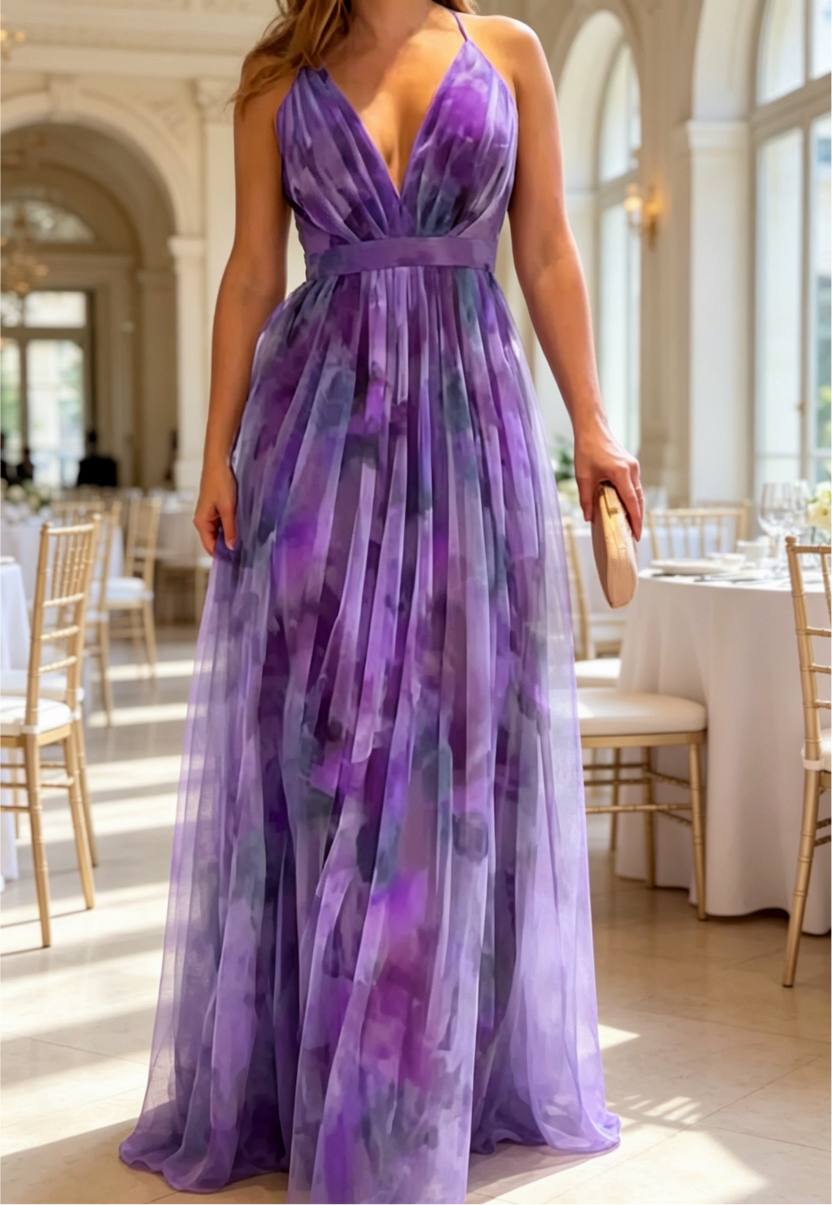 Romantic Watercolor Floral Cross-Strap Open Back Gown - Purple