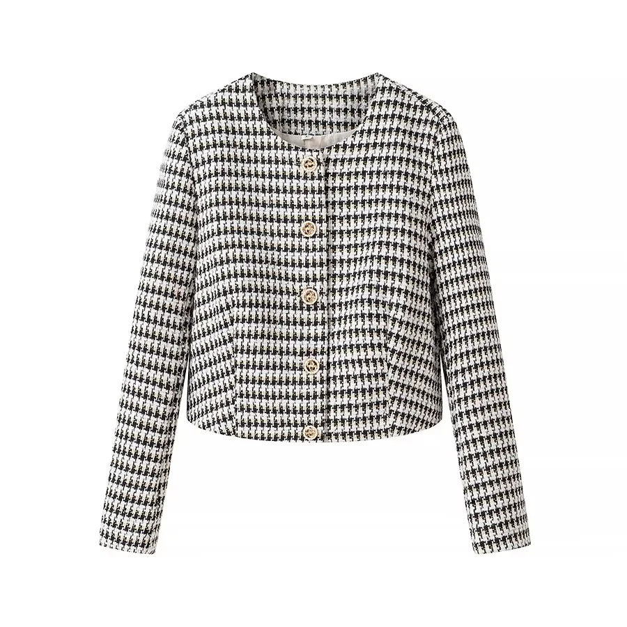 Houndstooth Tweed Collarless Cropped Jacket - Black