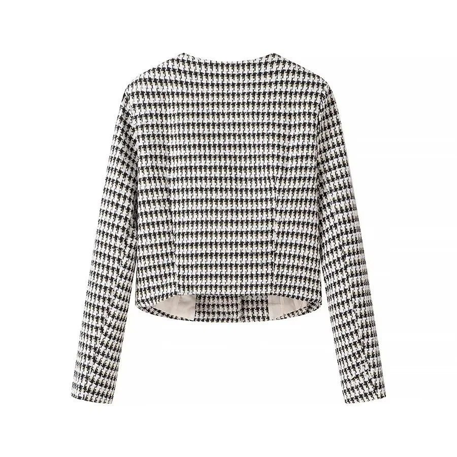 Houndstooth Tweed Collarless Cropped Jacket - Black - 1