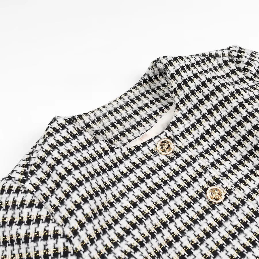 Houndstooth Tweed Collarless Cropped Jacket - Black - 2