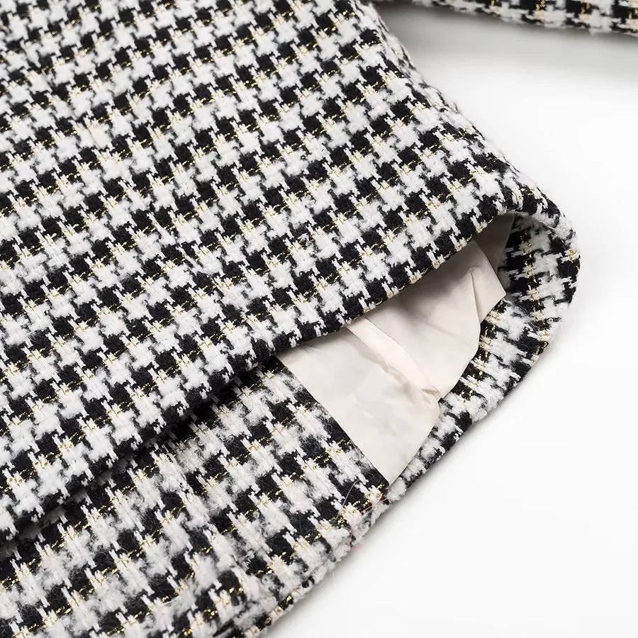 Houndstooth Tweed Collarless Cropped Jacket - Black - 5
