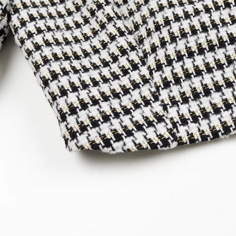 Houndstooth Tweed Collarless Cropped Jacket - Black - 6