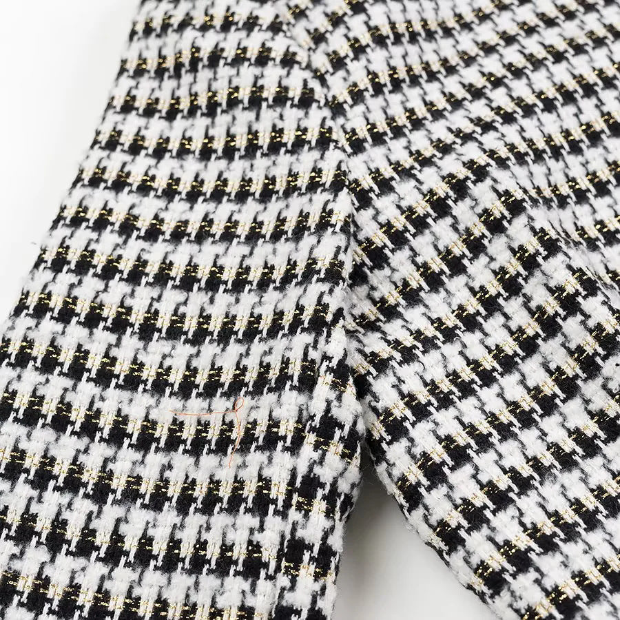 Houndstooth Tweed Collarless Cropped Jacket - Black - 7