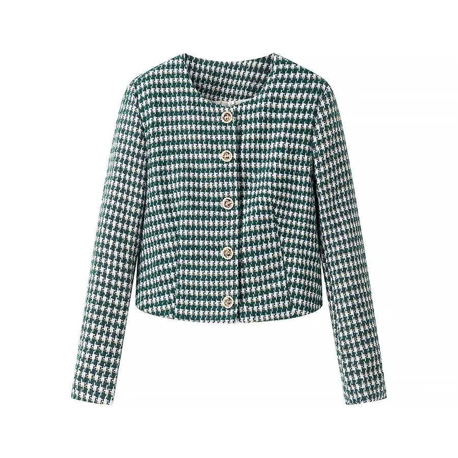 Houndstooth Tweed Collarless Cropped Jacket - Green