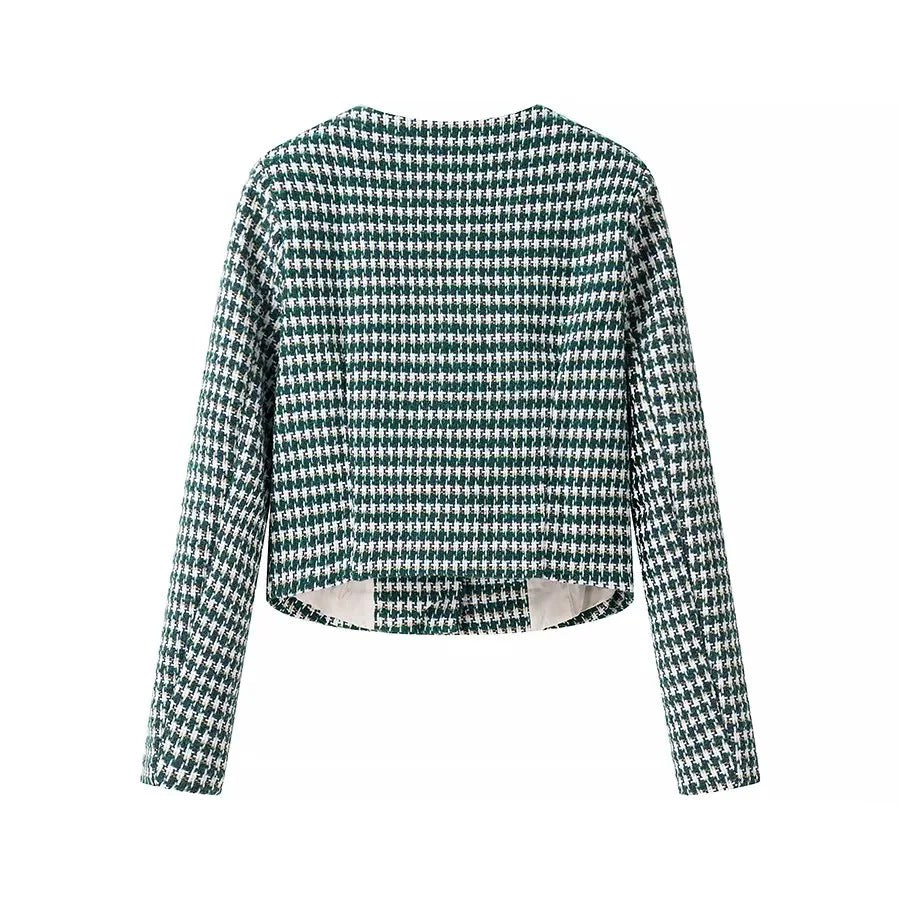 Houndstooth Tweed Collarless Cropped Jacket - Green - 1