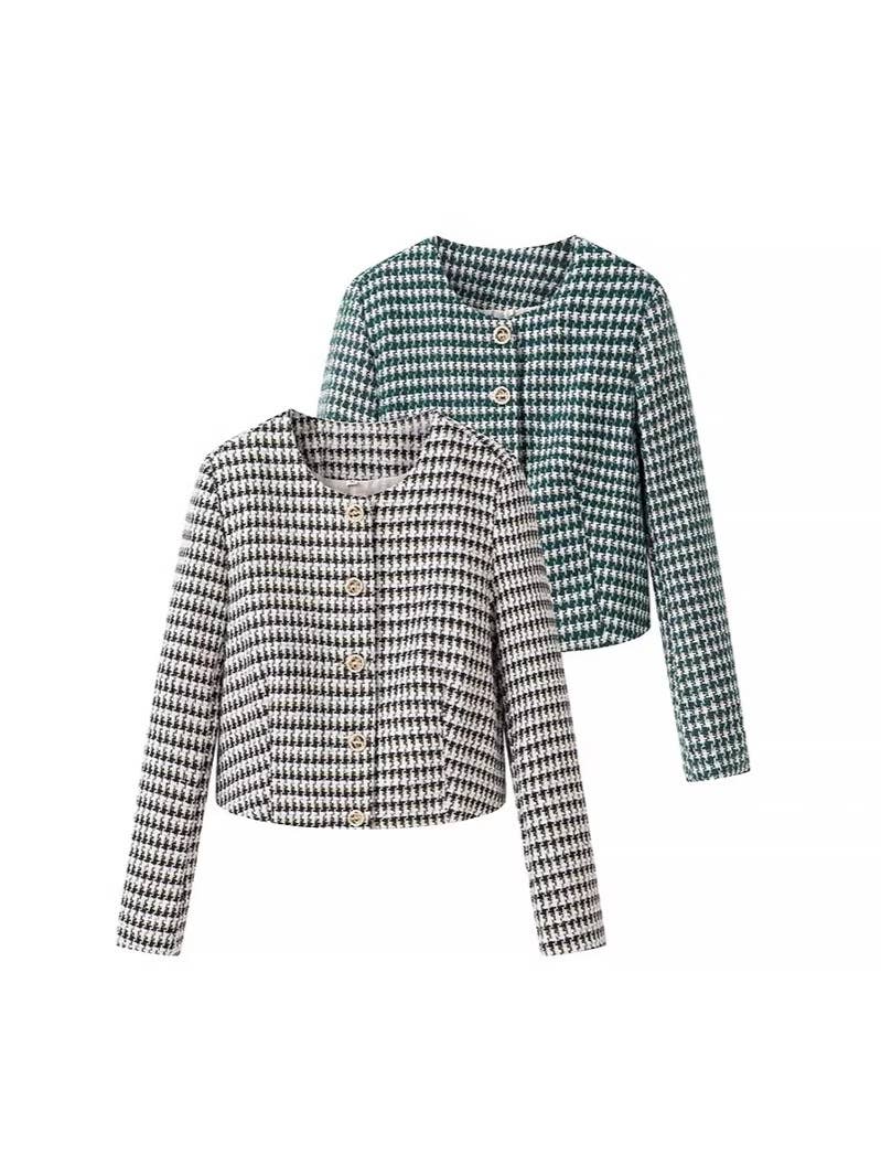 Houndstooth Tweed Collarless Cropped Jacket