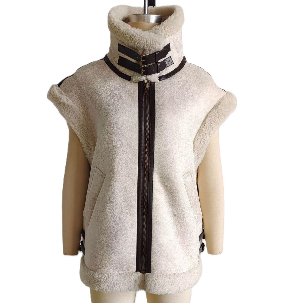 Faux Shearling Aviator Vest With Buckles - White