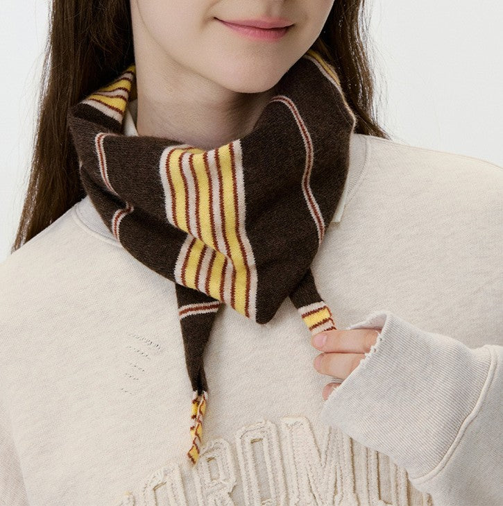 Knit Triangle Bandana Scarf With Ties - Brown