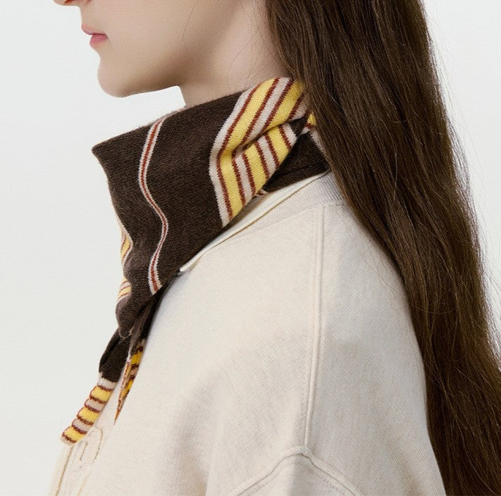 Knit Triangle Bandana Scarf With Ties - Brown - 1