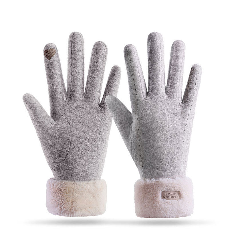 Faux Fur Cuff Cashmere Blend Gloves - Beige