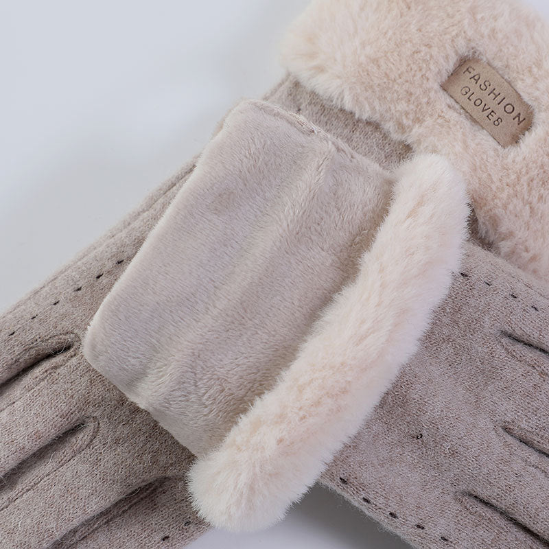 Faux Fur Cuff Cashmere Blend Gloves - Beige - 1