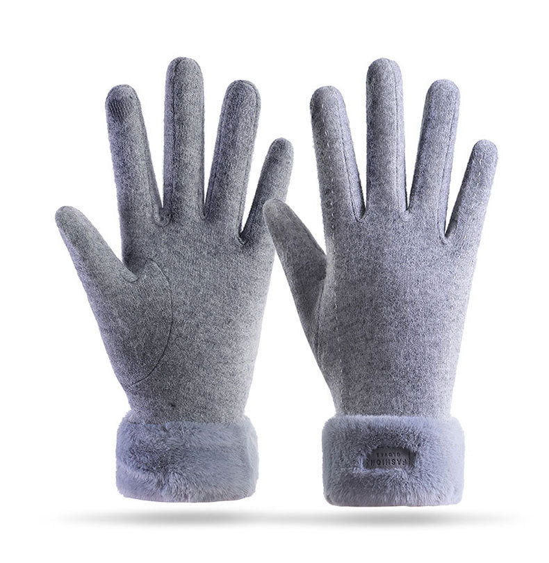 Faux Fur Cuff Cashmere Blend Gloves - Grey