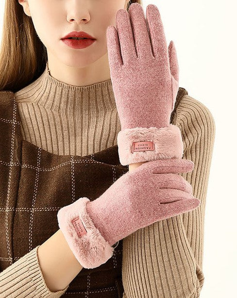 Faux Fur Cuff Cashmere Blend Gloves - Pink