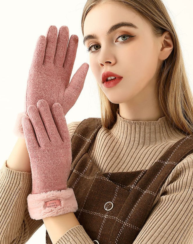 Faux Fur Cuff Cashmere Blend Gloves - Pink - 1