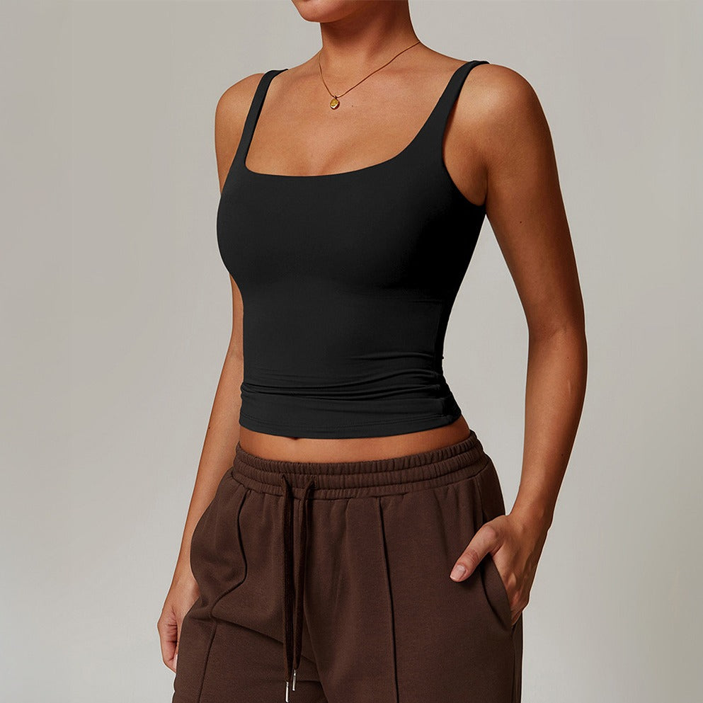 Square Neck Fitted Stretch Cropped Yoga Tank - Black