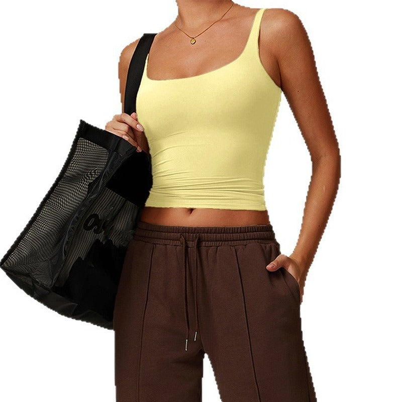 Square Neck Fitted Stretch Cropped Yoga Tank - Butter Yellow