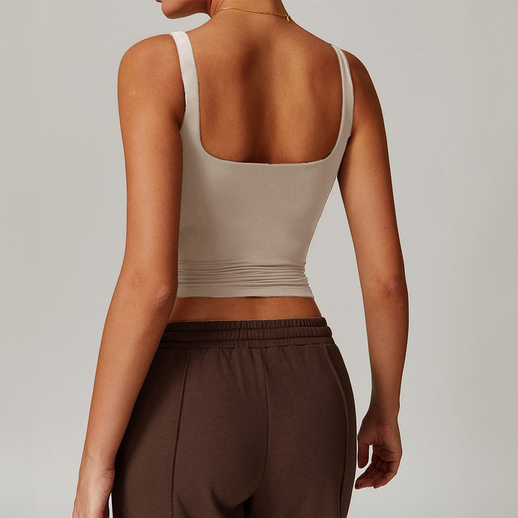Square Neck Fitted Stretch Cropped Yoga Tank - Light Khaki