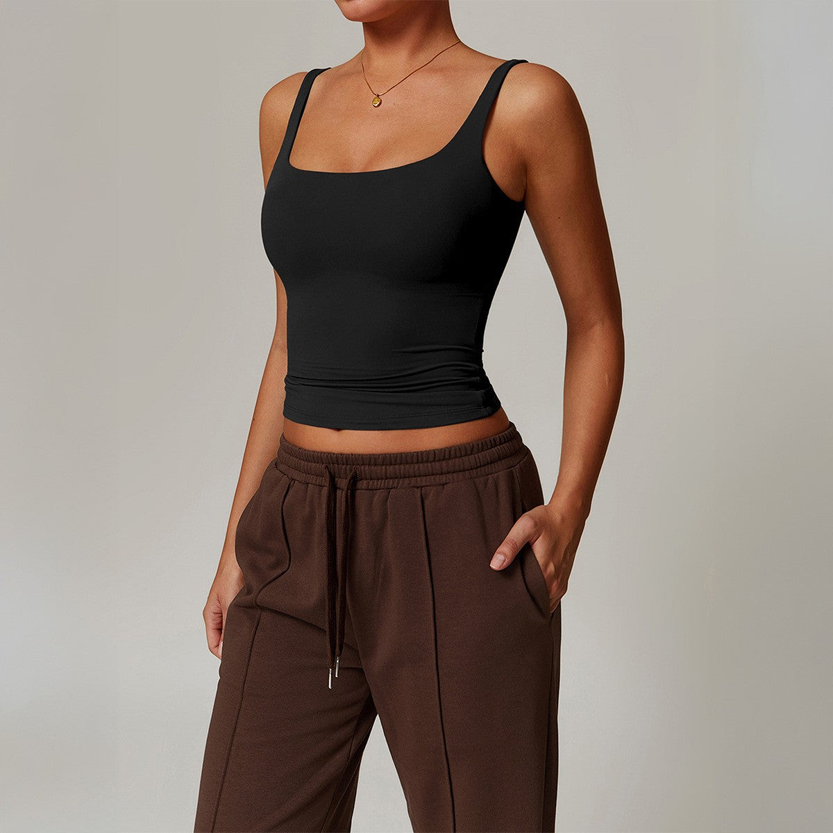 Square Neck Fitted Stretch Cropped Yoga Tank