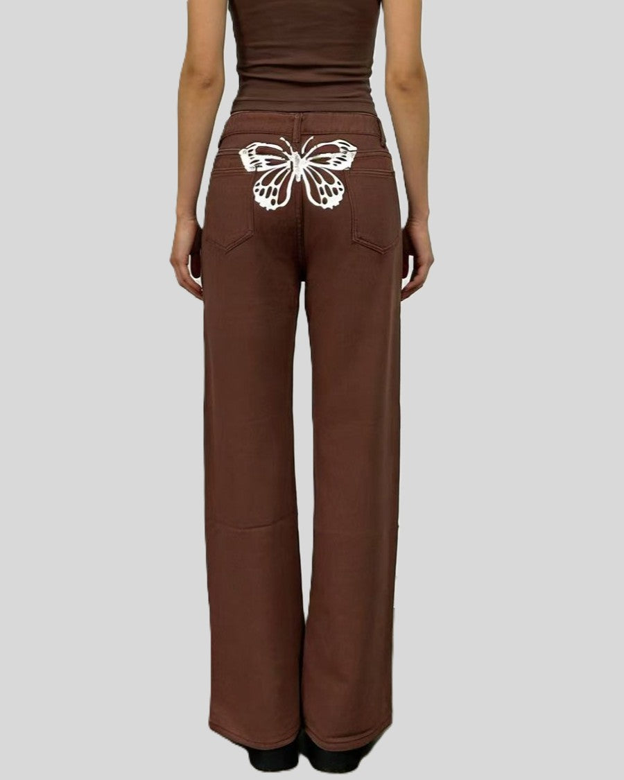 Wide Leg Baggy Jeans With Butterfly Graphic - Khaki - 1