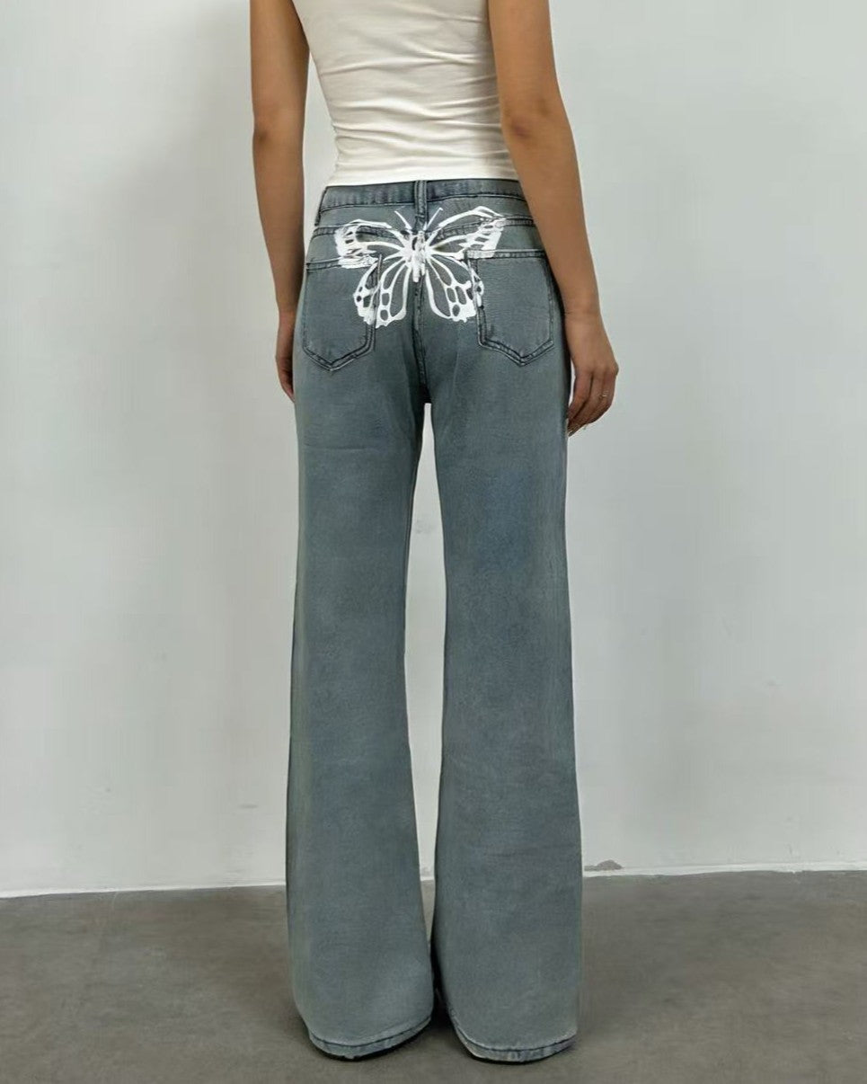 Wide Leg Baggy Jeans With Butterfly Graphic - Light-Blue