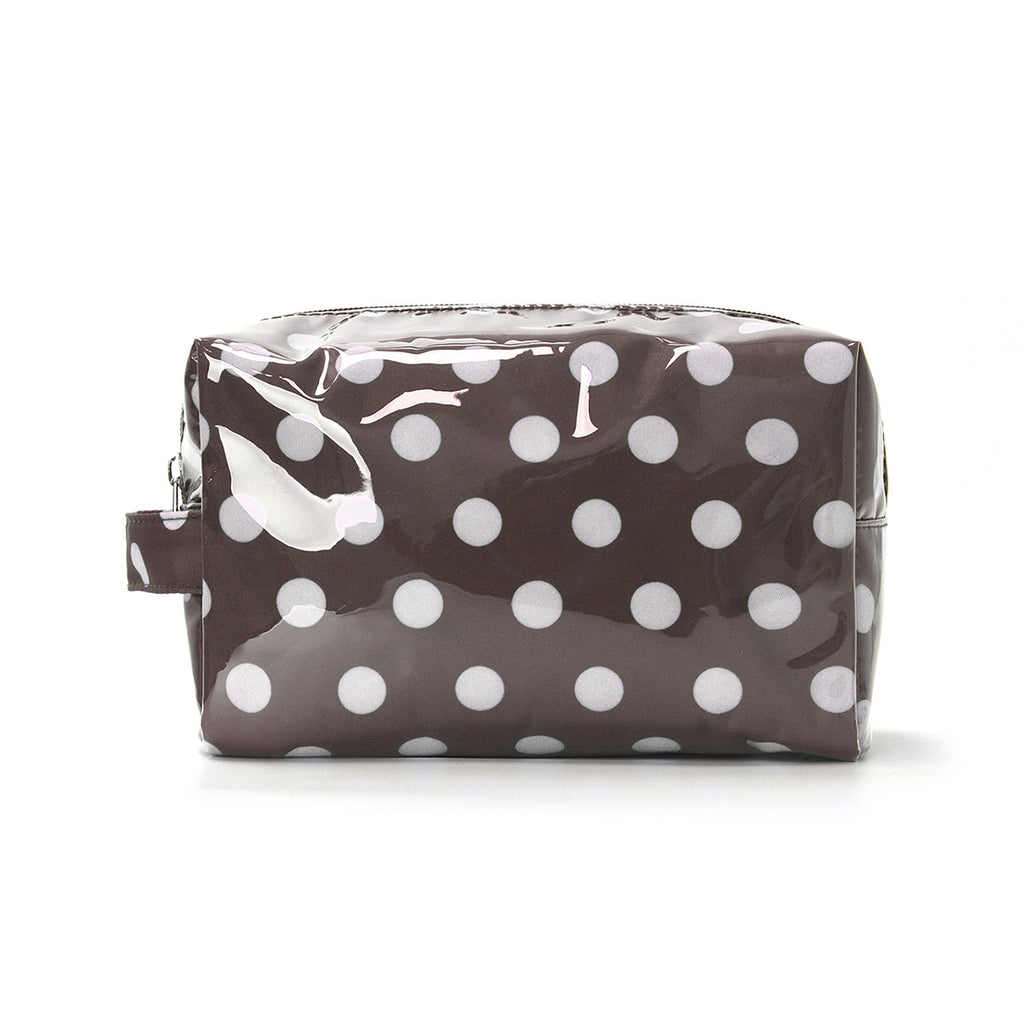 Glossy Polka Dot Zip Top Cosmetic Pouch - Brown