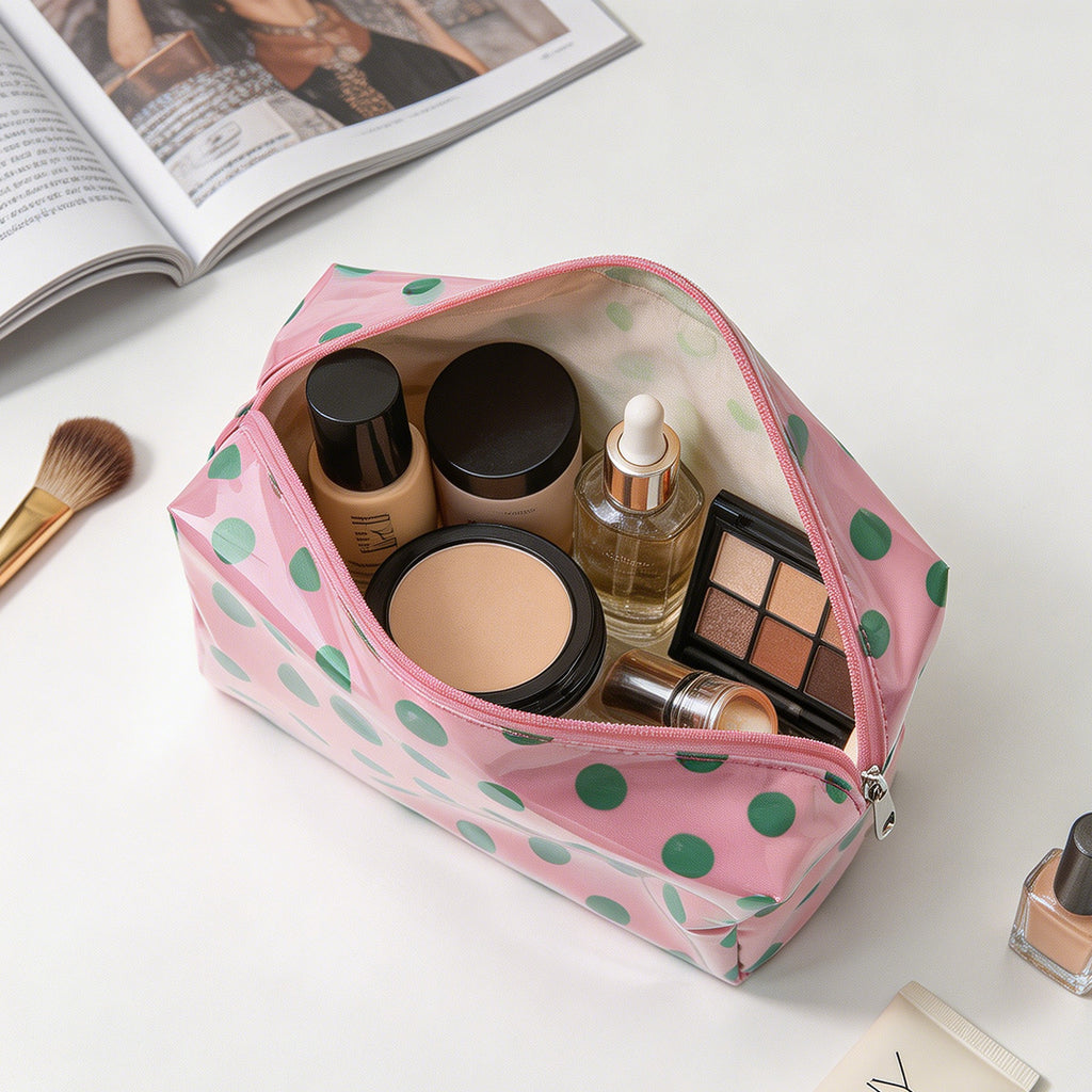 Glossy Polka Dot Zip Top Cosmetic Pouch - GPink - 3